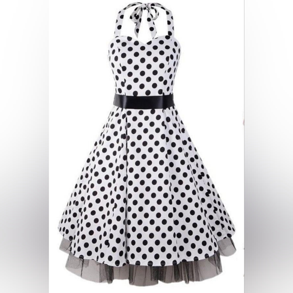 NWT Hearts & Roses rockabilly pinup 50s black and white polka dot halter dress